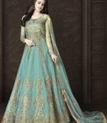 Soft Cyan Butterfly Net Heavy Embroidery And Diamonds Designer Suit 