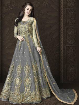 Light Grey Butterfly Net Heavy Embroidery And Diamonds Designer Suit 1