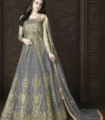 Light Grey Butterfly Net Heavy Embroidery And Diamonds Designer Suit