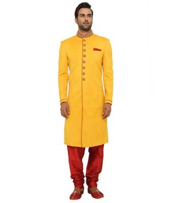 yellow Men's Sherwani in Silk Fabric 1