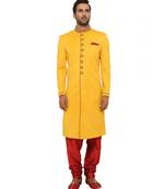 yellow Men's Sherwani in Silk Fabric