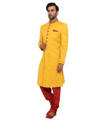 yellow Men's Sherwani in Silk Fabric 3