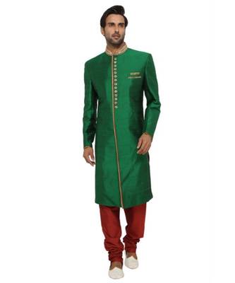 green Men's Sherwani in Silk Fabric 1