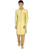 yellow Men's Sherwani in Silk Fabric