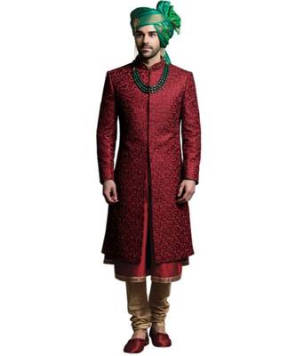 maroon Men's Sherwani in Silk Fabric 1