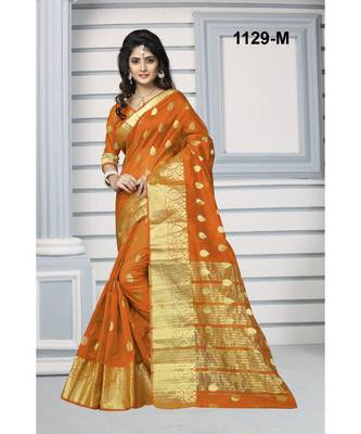 orange woven cotton saree with blouse 1