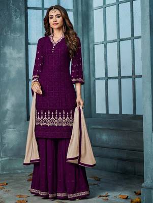 Purple Heavy Faux Georgette With Embroidery Palazo Suit 1