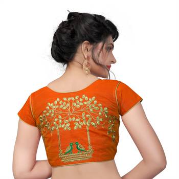 Dark Orange Designer Embroiderey  Malbari Silk Extra Sleeve With Blouse 2