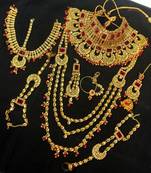 Designer Golden Red CZ Pearl Kundan Full Bridal Jewelry Set