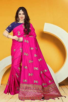 Pink Embroidered Silk Blend Saree With Blouse 1