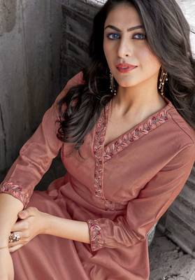 Brown Embroidered Silk Ethnic Kurtis 3