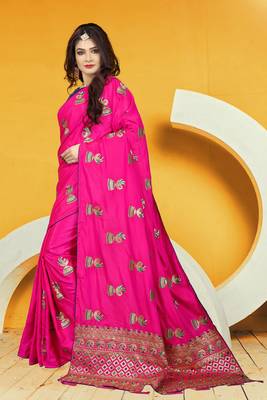 Pink Embroidered Silk Blend Saree With Blouse 3