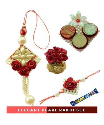 Pearl White - Red Rose Bhaiya  Bhabhi Rakhi Set- 6 items 1