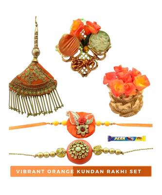 Vibrant Royal   Orange Kundan Bhaiya Bhabhi Rakhi Set- 7 items 1