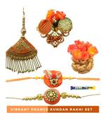 Vibrant Royal   Orange Kundan Bhaiya Bhabhi Rakhi Set- 7 items