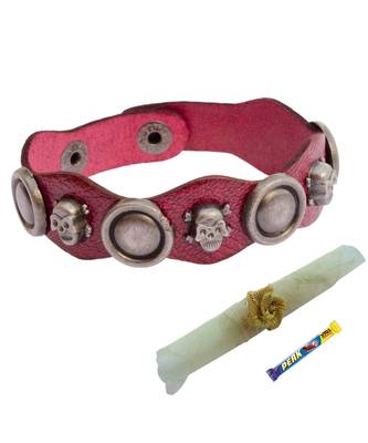 Magenta Skull Leather & Steel Work Braelet cum Rakhi For Brother 1