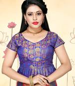 Blue Women'S Jacquard Silk With V-Neck Blouse