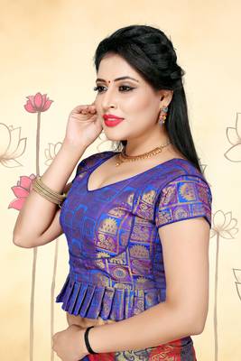 Blue Women'S Jacquard Silk With V-Neck Blouse 4