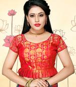 Red Women'S Jacquard Silk With V-Neck Blouse