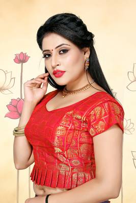 Red Women'S Jacquard Silk With V-Neck Blouse 4