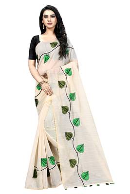 Cream embroidered chanderi saree with blouse 1