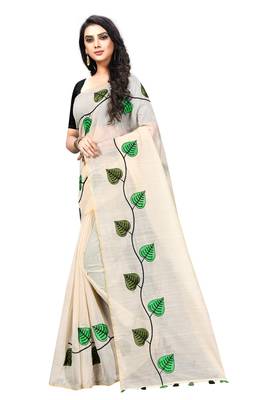 Cream embroidered chanderi saree with blouse 2