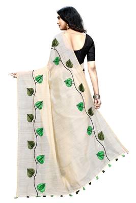 Cream embroidered chanderi saree with blouse 3