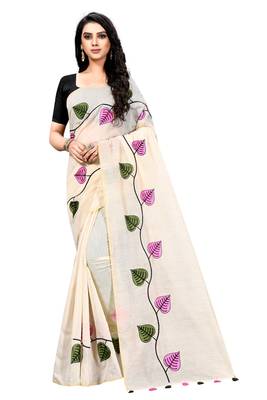 Cream embroidered chanderi saree with blouse 1