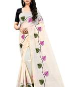 Cream embroidered chanderi saree with blouse