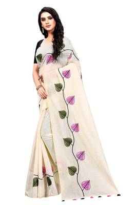 Cream embroidered chanderi saree with blouse 2