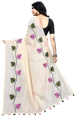 Cream embroidered chanderi saree with blouse 3