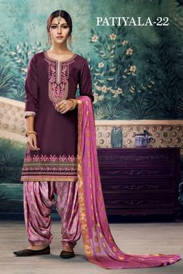 Purple embroidered satin unstitched salwar with dupatta 1