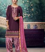 Purple embroidered satin unstitched salwar with dupatta