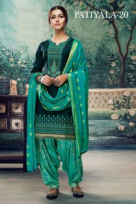 Sea-green embroidered satin unstitched salwar with dupatta 1