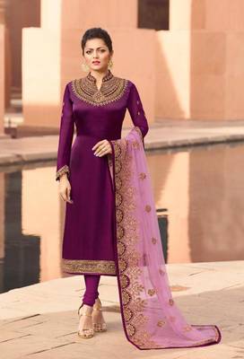 Purple embroidered satin semi stitched salwar with dupatta 1