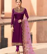 Purple embroidered satin semi stitched salwar with dupatta