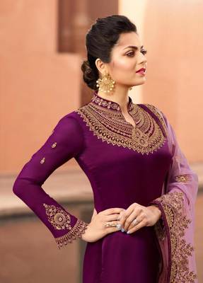 Purple embroidered satin semi stitched salwar with dupatta 2