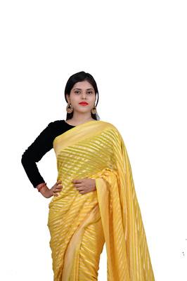 Yellow hand woven pure chiffon saree with blouse 3