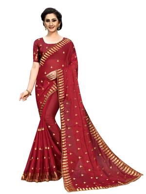 Red embroidered georgette saree with blouse 1