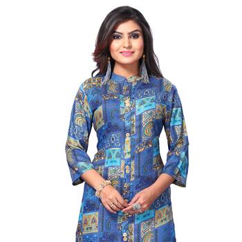 Women's Blue Closed Neck Printed Kurti 4