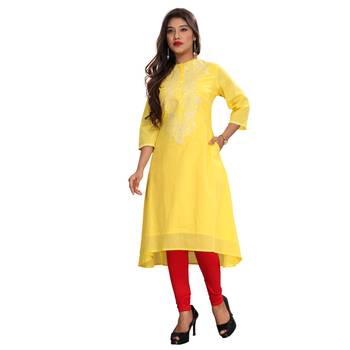 Women's Yellow A-Line Embroidered Kurti 1