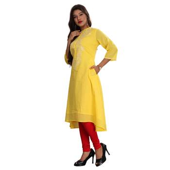 Women's Yellow A-Line Embroidered Kurti 3