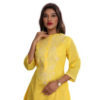 Women's Yellow A-Line Embroidered Kurti 4