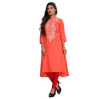 Women's Peach A-Line Embroidered Kurti 1