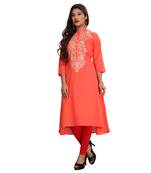 Women's Peach A-Line Embroidered Kurti