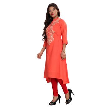 Women's Peach A-Line Embroidered Kurti 3
