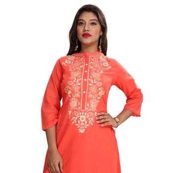 Women's Peach A-Line Embroidered Kurti 4