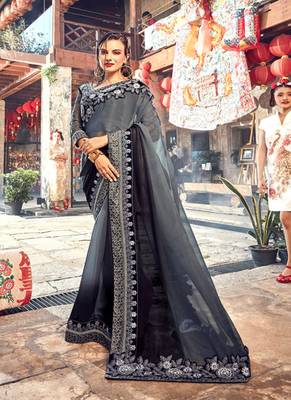 Grey embroidered georgette saree with blouse 1