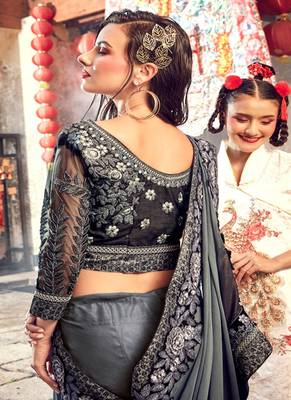 Grey embroidered georgette saree with blouse 2
