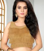 Beige Women'S Ruffle Silk With Round Neck Blouse